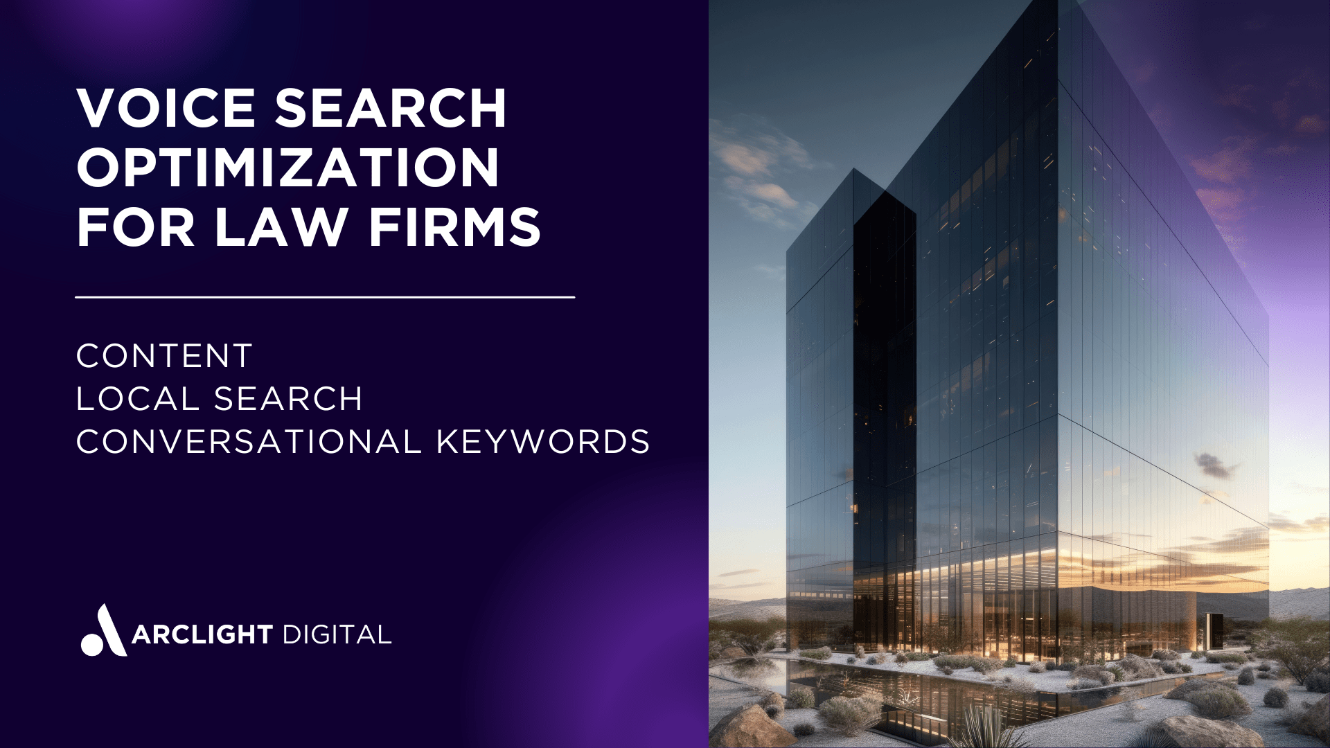 A futuristing corporate law firm high-rise with the title "Voice Search Engine Optimization for Law Firms" in white on a purple background.