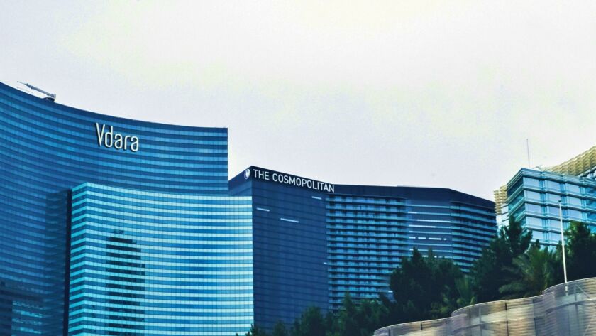 Skyline photo includes Vdara and The Cosmopolitan buildings to illustrate local SEO services in Las Vegas.