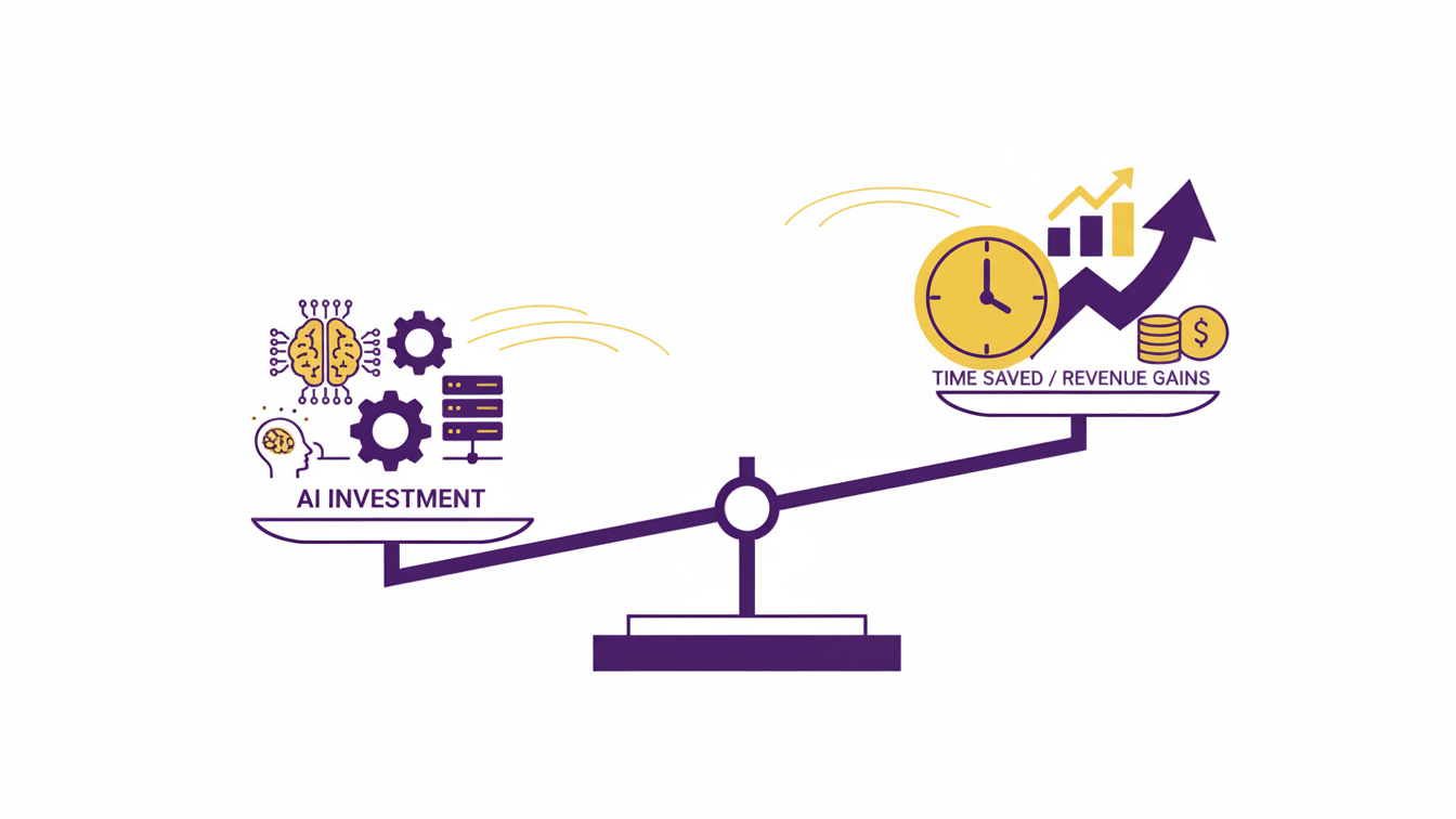 For Arclight Digital a Las Vegas-based digital marketing firm, a clean, vector-style illustration of a balanced scale. One side labeled visually as ‘AI Investment’ with simple technology icons, the other side labeled visually as ‘Time Saved / Revenue Gains’ with clock and growth arrow icons. The scale is balanced to suggest positive ROI. Use a white or very light background with deep purple and bright gold as primary accent colors.