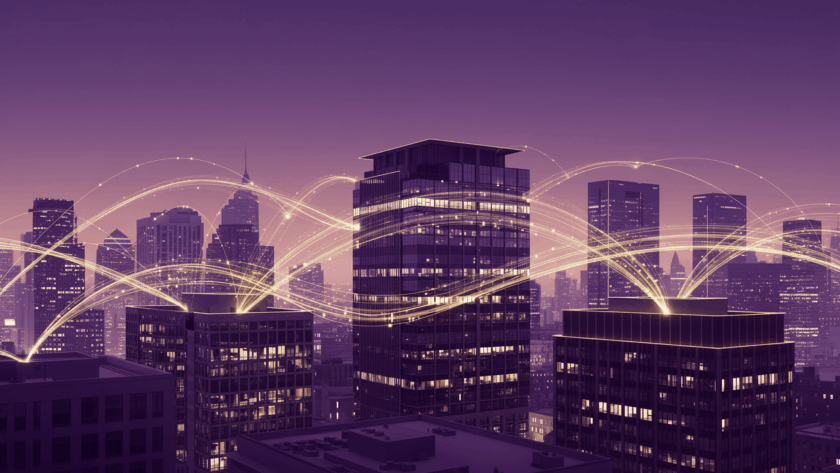 Wide hero image for an Arclight Digital thought leadership article. Small and midsize office buildings in a modern cityscape connected by abstract streams of light and data. Visual theme: AI empowering small and midsize businesses. Uses a sleek, minimal style with deep purple as the dominant color and bright gold accents, representing the Arclight Digital brand.