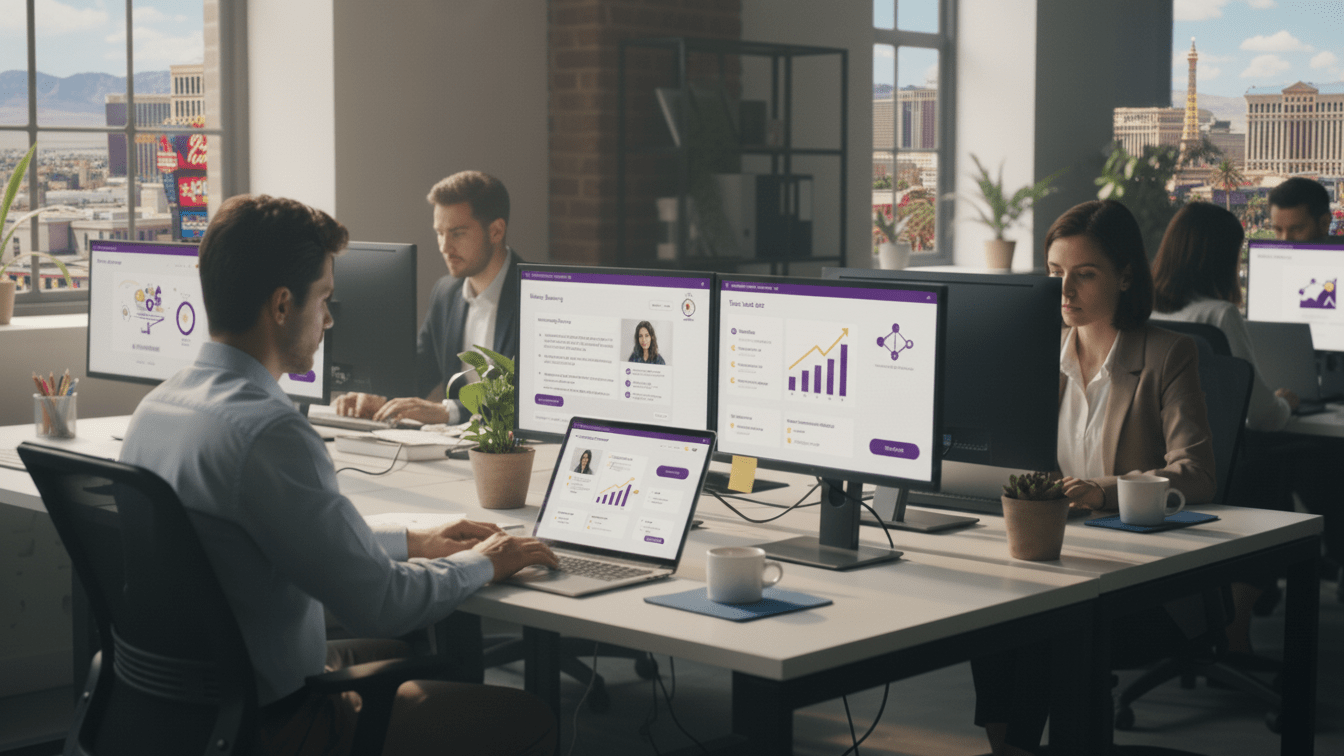 Photo-realistic office scene inside a small to midsize digital marketing company on Las Vegas. Several employees working at laptops and monitors that show AI-powered interfaces: meeting summaries, task lists, and simple dashboards. Include subtle UI elements that suggest AI (small spark, node, or chip icons), but keep the focus on people working efficiently. Natural light, modern office. Brand accents in deep purple and bright gold on screen elements.
